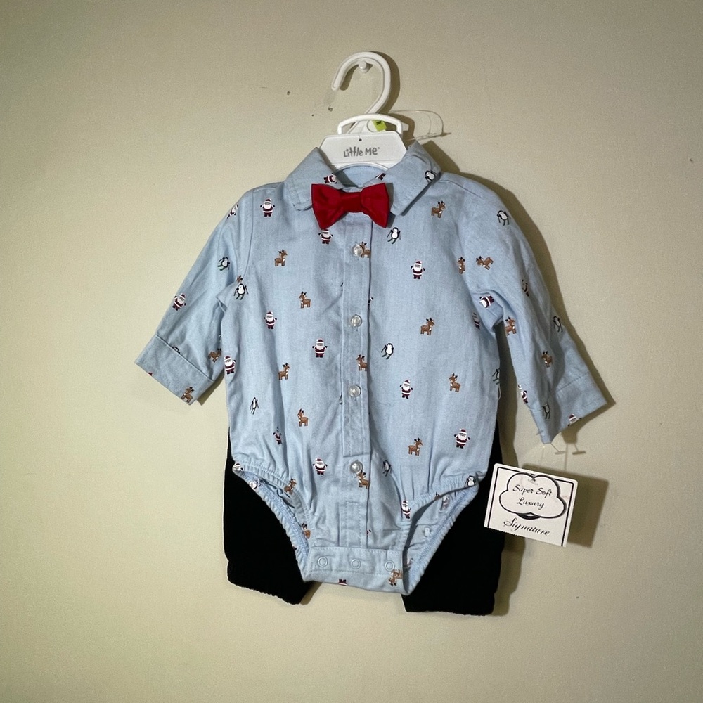 Little Me Boys Infant 3 month 2 Piece Christmas pant shirt tie embroidered NWT